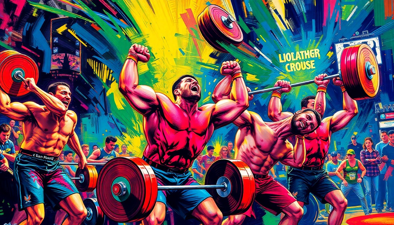 An abstract, energetic painting using vibrant neon colors and expressive brushstrokes to depict the intense physical movements and competitive spirit of powerlifters at a state championship event.