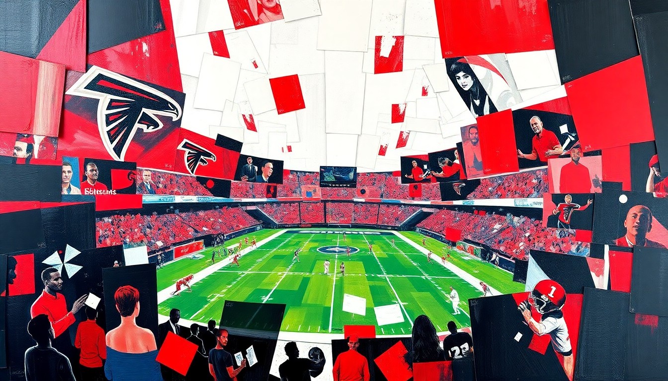 A fragmented, cubist-style painting depicting various football elements and draft prospects in the Falcons' team colors of red, black, and white, conveying the complex and multifaceted nature of the team's draft preparations.