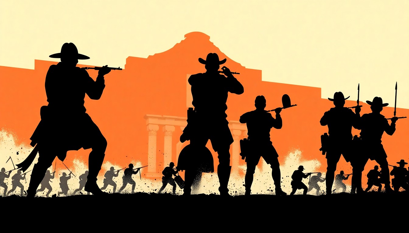 A dramatic black silhouette of the Alamo's iconic facade set against a vibrant red background, conceptually representing the historic battle that took place within its walls.