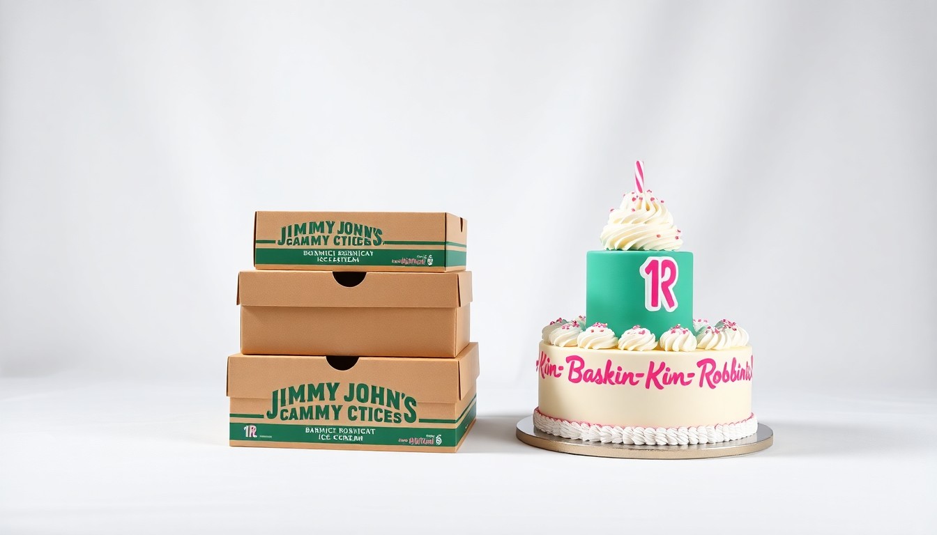 A high-end, photorealistic studio still-life photograph featuring a stack of Jimmy John's sandwich boxes and a Baskin-Robbins ice cream cake arranged elegantly on a clean, white seamless background, conceptually representing the premium quality and community-focused approach of the new co-branded restaurant.