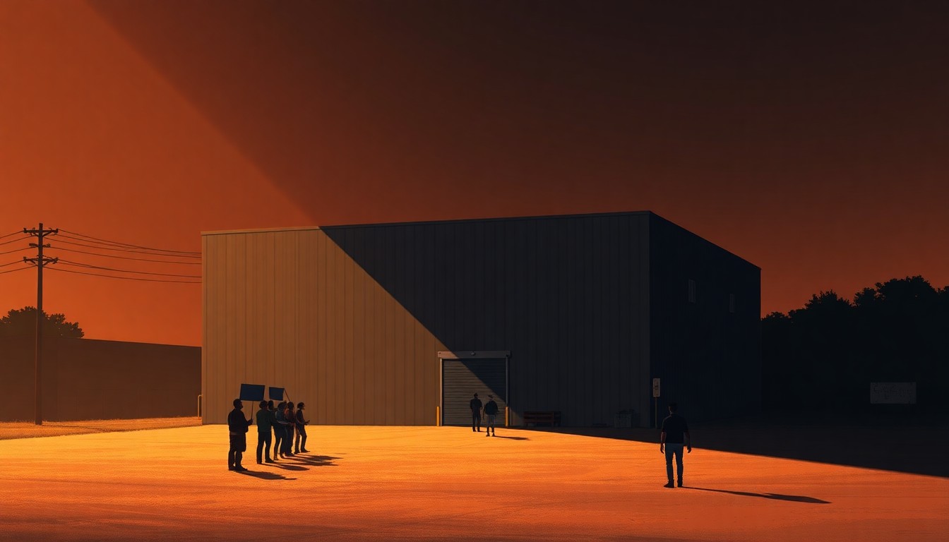 A cinematic painting of a large, nondescript warehouse building in warm, golden sunlight, with a small group of protesters gathered in the foreground, conveying the tension and emotion of the local opposition to the federal government's detention facility plans.