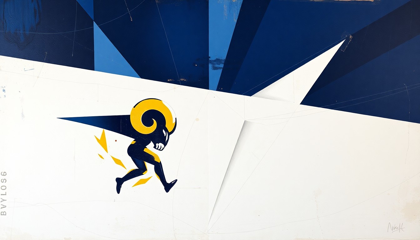 A fractured, geometric painting in shades of blue, red, and yellow, breaking down the Rams' wide receiver position into overlapping angular shapes and planes, conveying the strategic challenges and uncertainty facing the team.