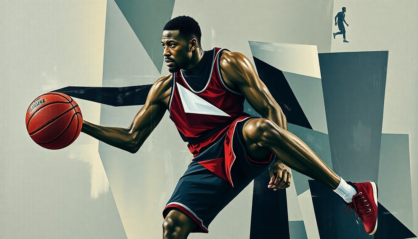 A fractured, geometric painting depicting a basketball player's foot in various overlapping perspectives, conveying the complex nature of the injury and its impact on the team.
