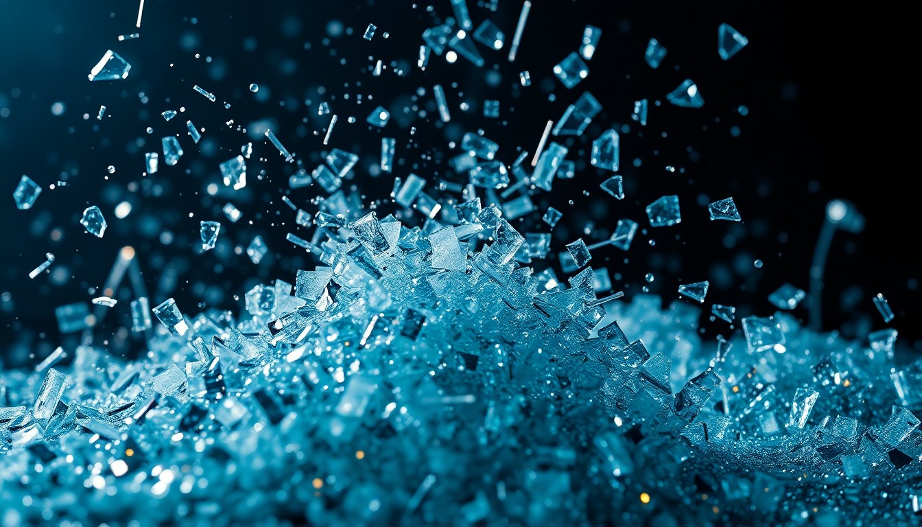 An abstract close-up image of shattered glass and glittering sequins, capturing the glamour and controversy of the sports media industry.