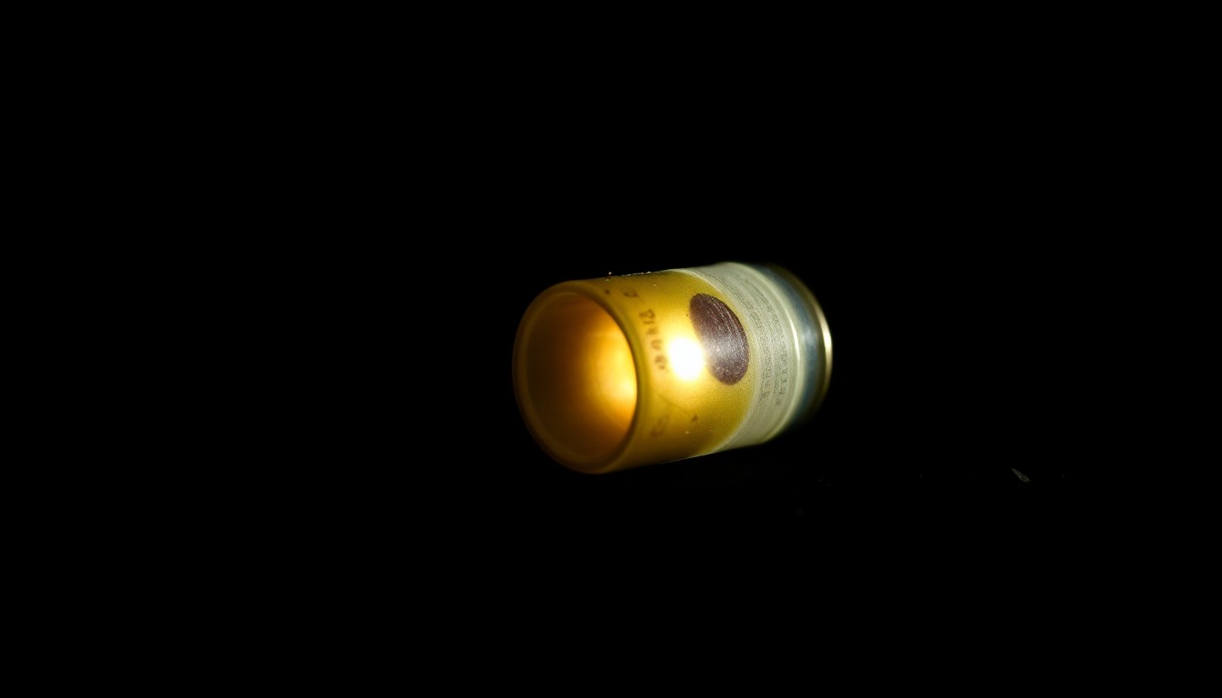 An extreme close-up photograph of a spent shell casing or other physical evidence from the crime scene, lit by a harsh, direct camera flash against a pitch-black background, conveying a stark, gritty, and investigative aesthetic.