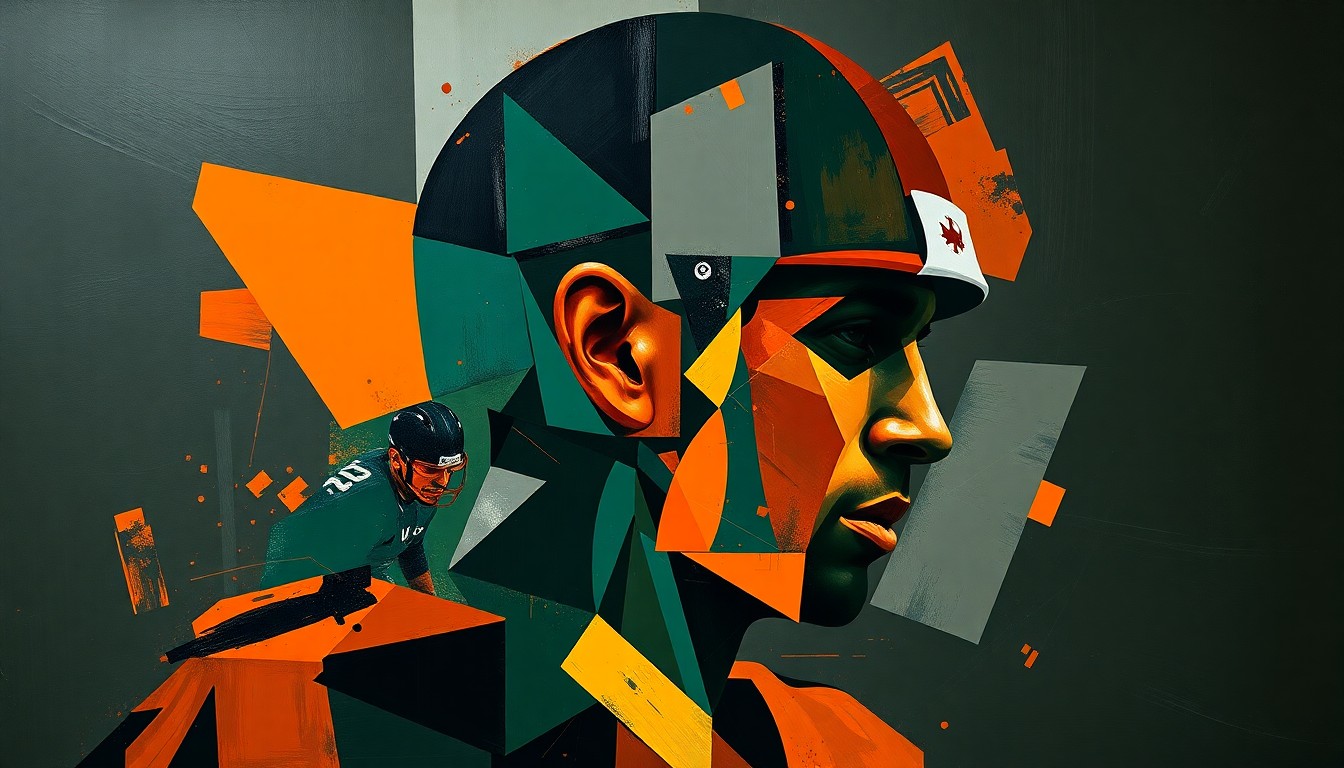 A fragmented, cubist-style illustration depicting the silhouette of a football player, broken down into sharp, overlapping geometric shapes in a palette of dark grey, green, and orange, conveying the shifting dynamics of the NFL Draft green room.