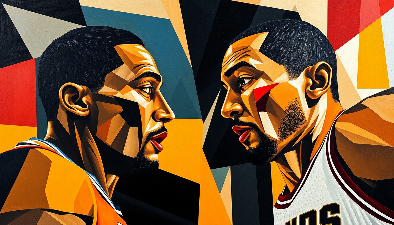 A fragmented, geometric painting depicting the intense physical struggle between two basketball players, their faces and uniforms broken down into abstract shapes and colors.