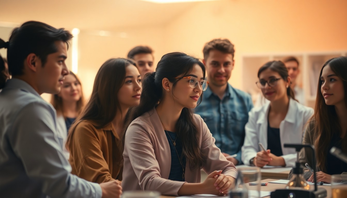 An abstract, out-of-focus photograph depicting a group of people in an educational setting, with warm pools of light and color creating a dreamlike, intimate atmosphere that captures the collaborative spirit of the Seton Elm-Ivy Awards.