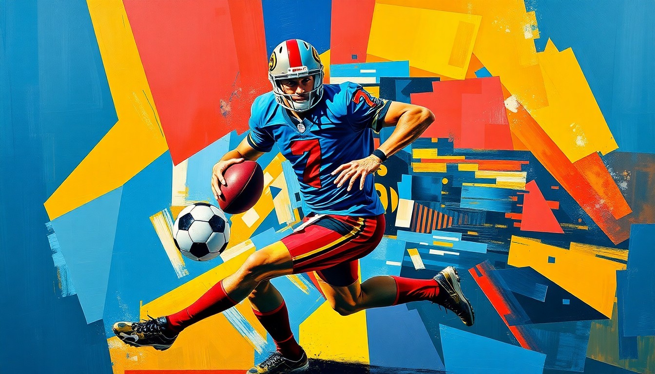 A fragmented, geometric painting depicting a football player in motion, with sharp planes of color and overlapping perspectives, conveying the dynamic energy and risk of selecting a talented but injury-prone prospect.