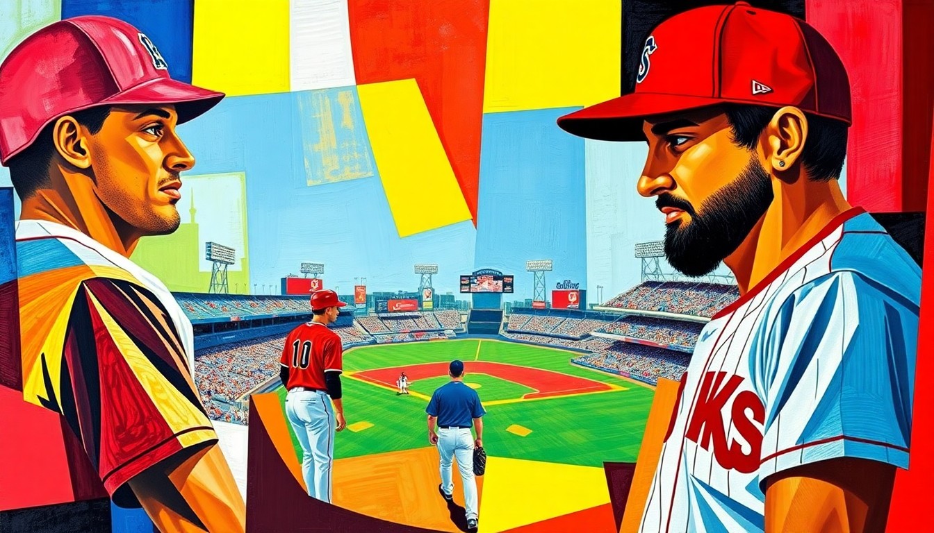 A fractured, multi-perspective painting in a cubist style, breaking down baseball uniforms, players, and stadiums into sharp, overlapping geometric planes of vibrant colors like cobalt blue, crimson red, and sunshine yellow, conceptually representing the bold, city-inspired redesigns of MLB's new alternate jerseys.