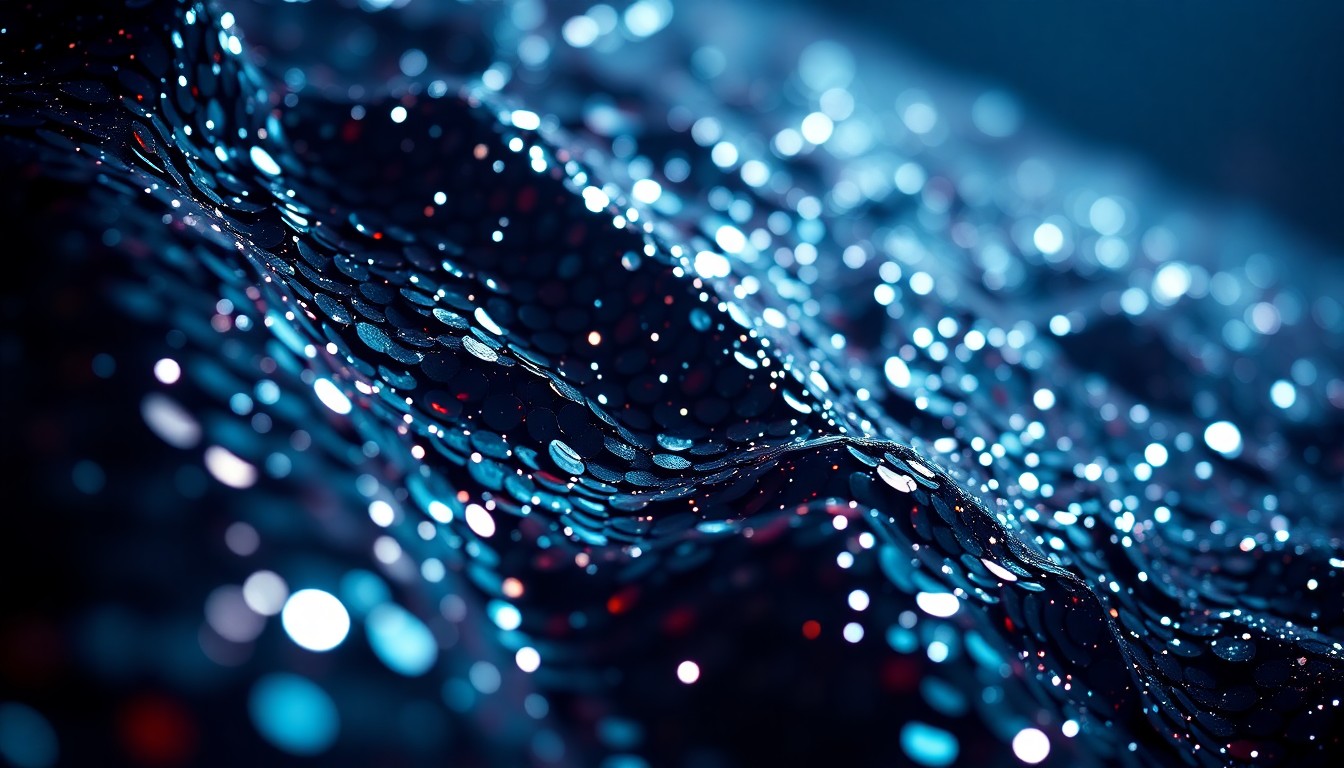 An abstract close-up photograph of shimmering, reflective sequins under dramatic studio lighting, conceptually representing the glamour and star power of Karol G's Coachella performance.