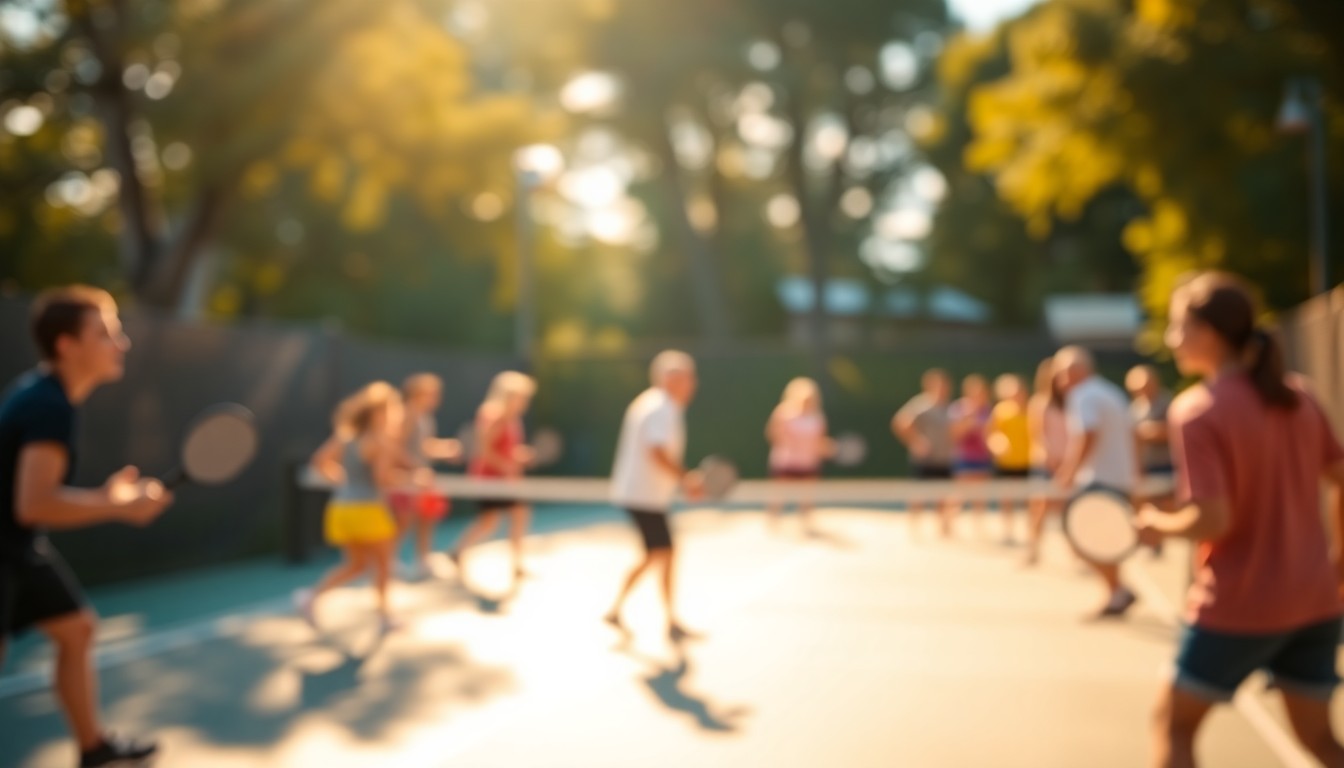 An abstract, out-of-focus photograph of a pickleball court filled with blurred players, the court and players rendered in soft, warm pools of golden light, conceptually representing the emotional impact of the Tarver Braddock Foundation's surprise gift.
