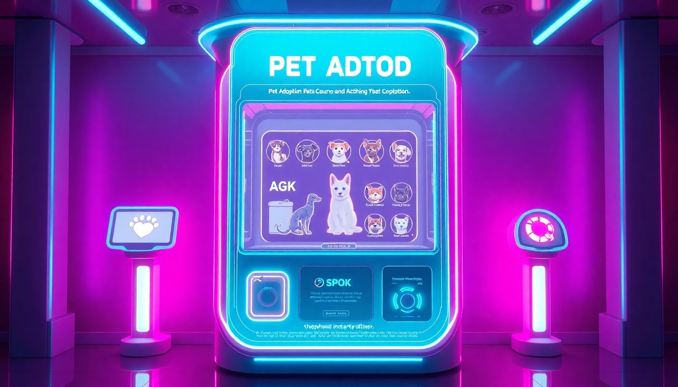 A highly detailed, glowing 3D illustration of a futuristic AI-powered pet adoption kiosk with holographic pet profiles and interactive controls, conceptually representing the advanced technology used to facilitate successful pet adoptions.