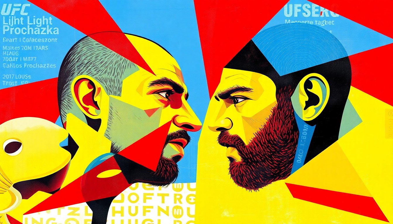 A fragmented, geometric painting depicting the dynamic movements and clashing styles of the UFC 327 light heavyweight title fight, using bold colors and sharp, angular shapes to capture the intensity of the matchup.