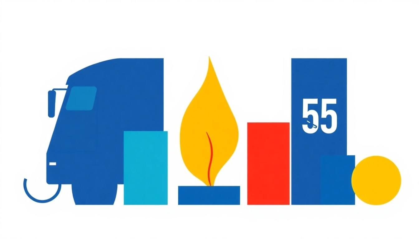 A geometric abstract illustration using bold shapes and primary colors to conceptually represent the rising costs of diesel fuel and its economic impact, without any text or literal depictions.