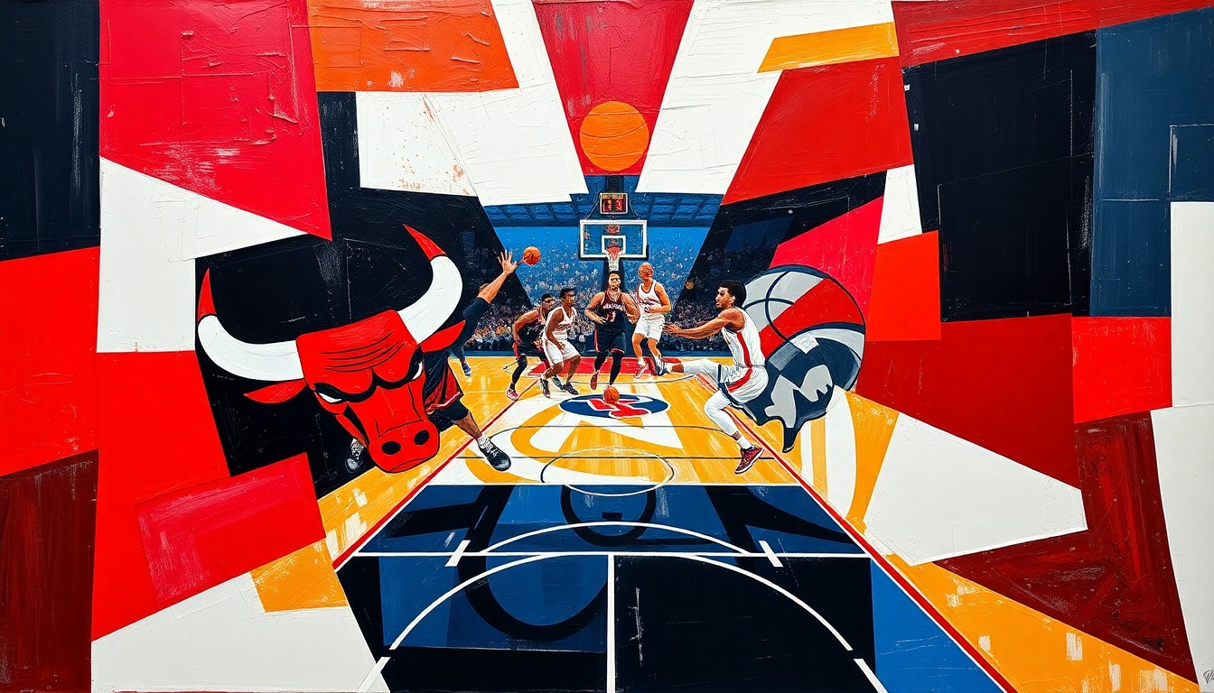 An abstract, cubist-style painting depicting a basketball game between the Chicago Bulls and Washington Wizards, with the players' movements and the court's lines broken down into sharp, overlapping geometric shapes and planes in the teams' official colors.