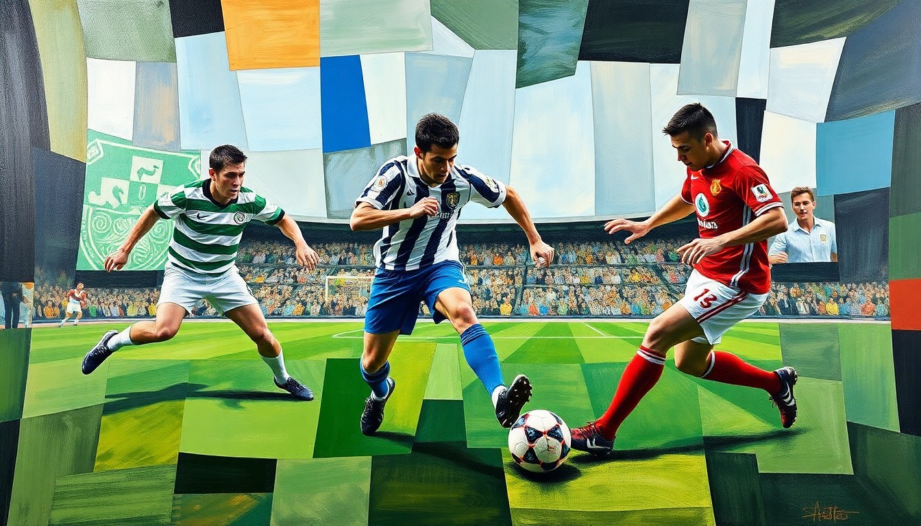 A cubist, geometric painting depicting a soccer match between Celtic and Nottingham Forest, with the players' forms and the ball fragmented into sharp, overlapping planes of color and shape.