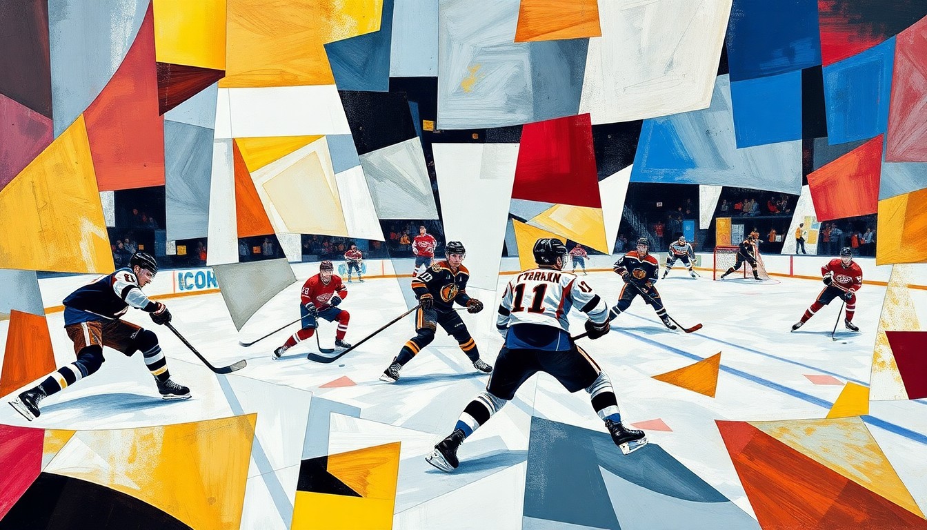 A cubist, geometric painting depicting a fragmented hockey game, with players and the ice surface broken down into abstract shapes and planes of color, capturing the dynamic energy and intensity of the sport.