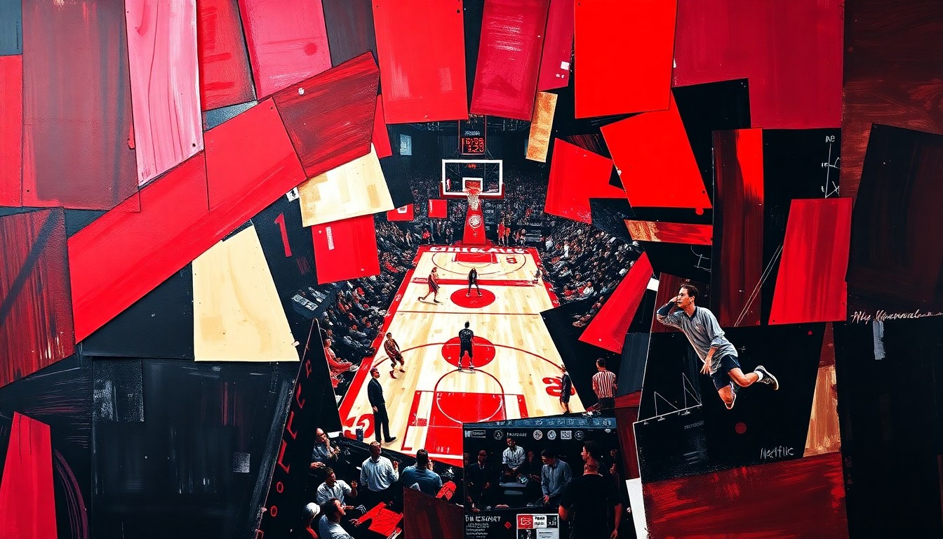 A cubist, geometric painting in the colors of the Chicago Bulls, with overlapping planes and shapes representing the dynamic action of a basketball game or match.