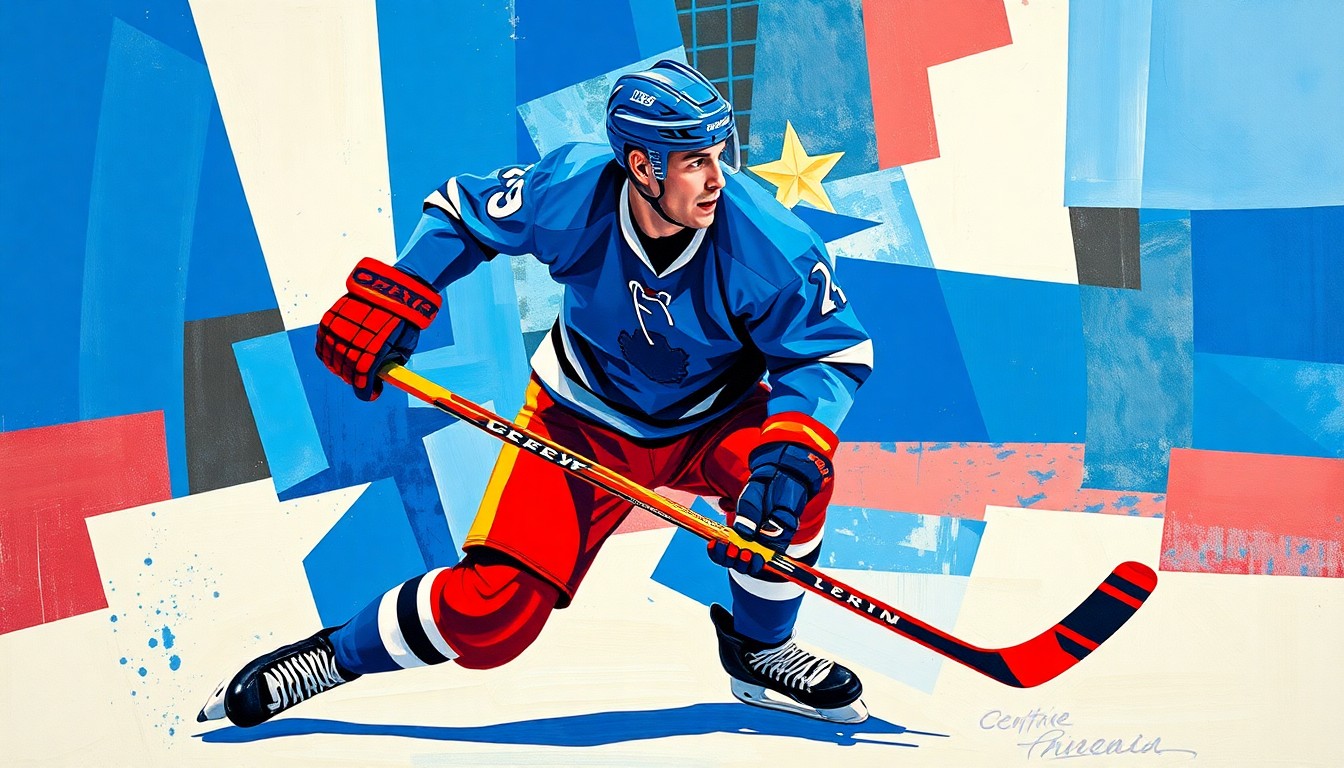 A fragmented, cubist-style painting depicting a hockey player in motion, with their body broken down into sharp, overlapping geometric shapes in a palette of blues, reds, and whites, conveying the uncertainty around the player's role on the team.