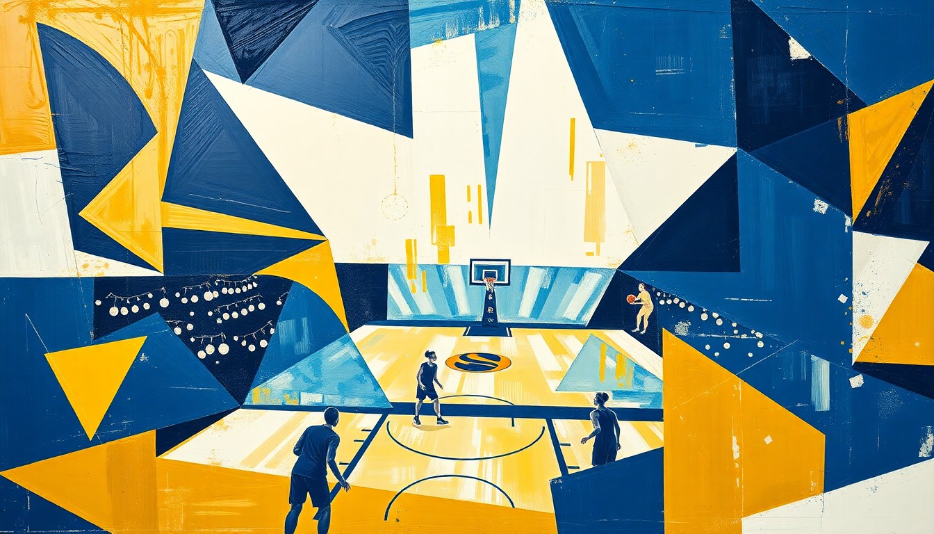 A fragmented, geometric painting in shades of navy, gold, and white, depicting the overlapping movements and perspectives of a women's basketball game in an abstract, cubist style.