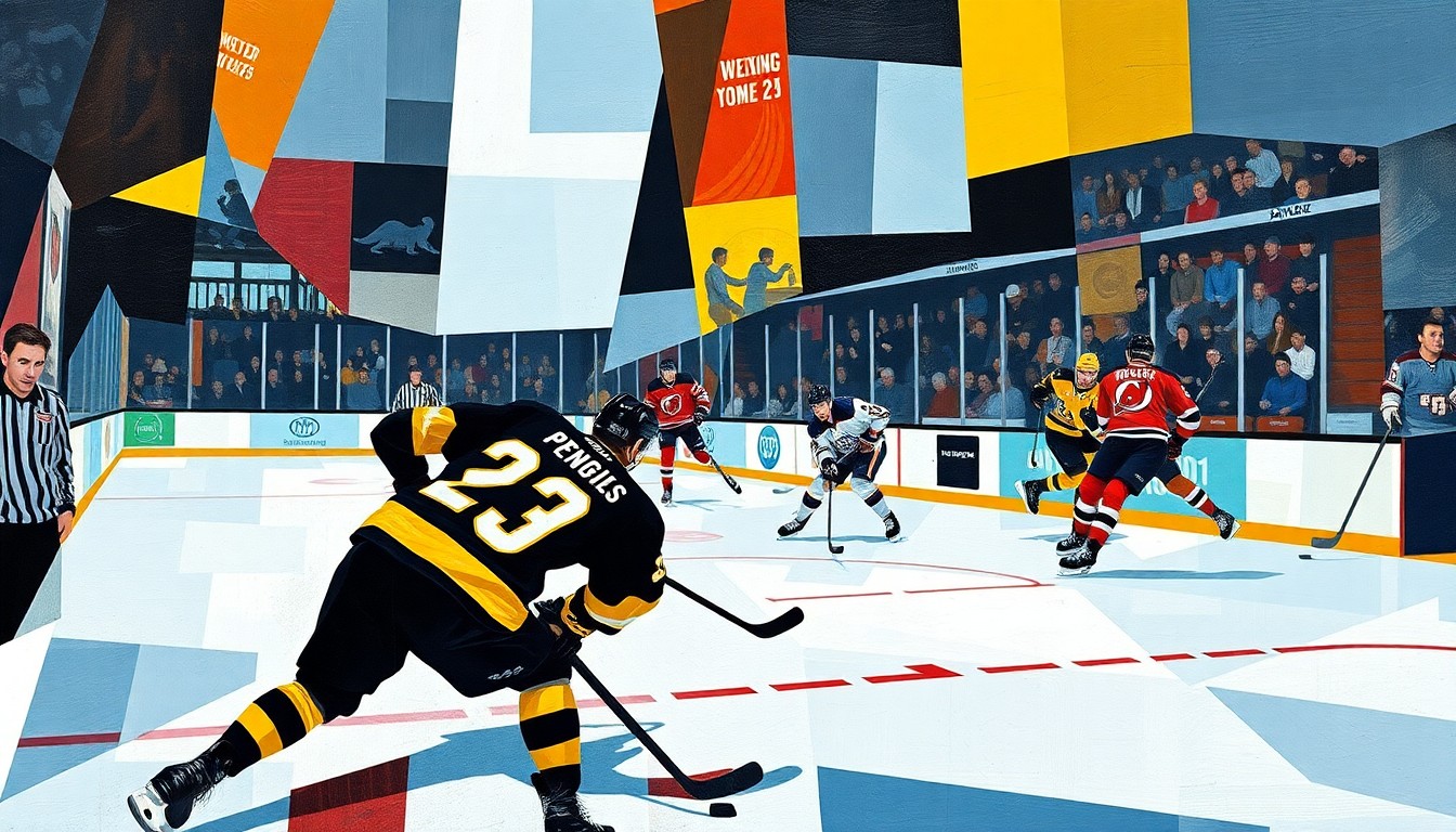 A cubist, geometric painting depicting the dynamic action of a hockey game between the Pittsburgh Penguins and New Jersey Devils, with the players' movements and energy represented through sharp, overlapping planes of color and shape.