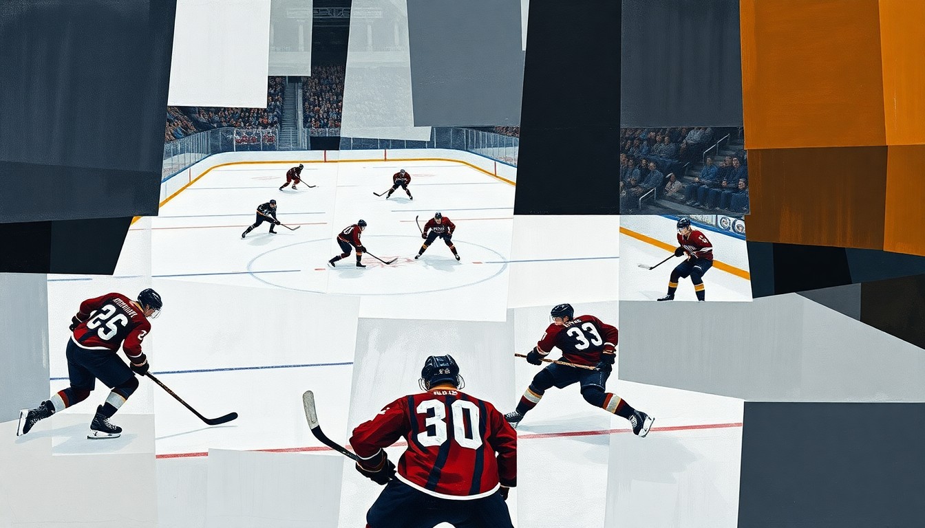 A cubist-style painting depicting a hockey game in motion, with players and the ice surface broken down into sharp, overlapping geometric shapes and planes of color.