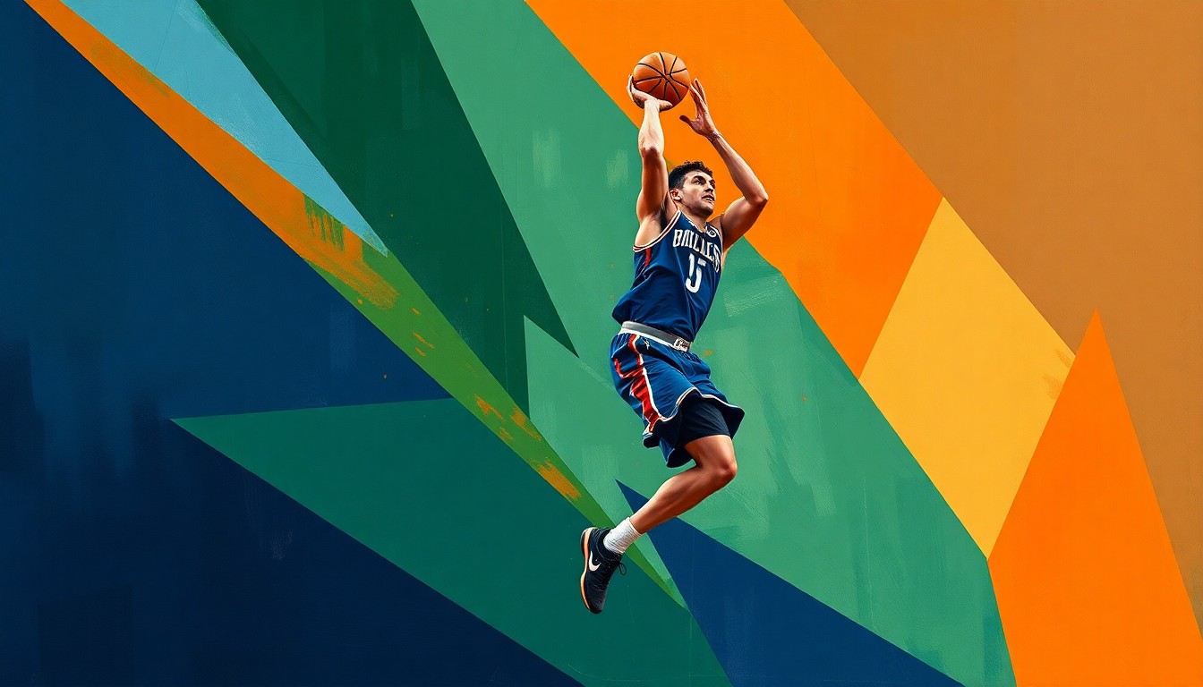A cubist-style painting featuring overlapping geometric shapes in shades of blue, green, and orange, representing the dynamic movements and skills of basketball player Jayson Tatum.