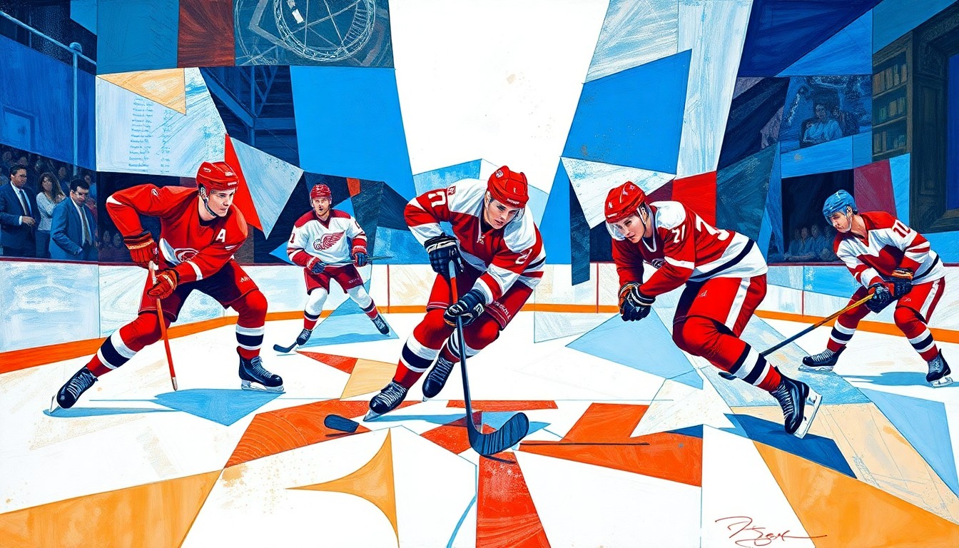 A cubist, geometric painting depicting a hockey game, with the players' forms broken down into sharp, overlapping planes of vibrant red, white, and blue colors.