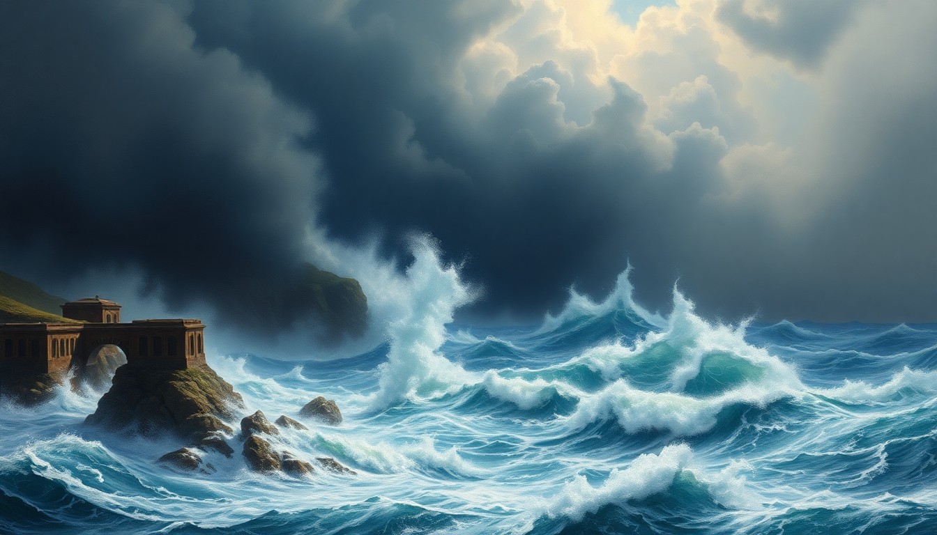 A sweeping, atmospheric landscape painting in muted tones of gray, blue, and green, depicting a stormy, turbulent ocean with massive waves crashing against a rocky coastline. The scene conveys a sense of the overwhelming power and sublime scale of the natural world, with no visible human presence or structures to provide scale.