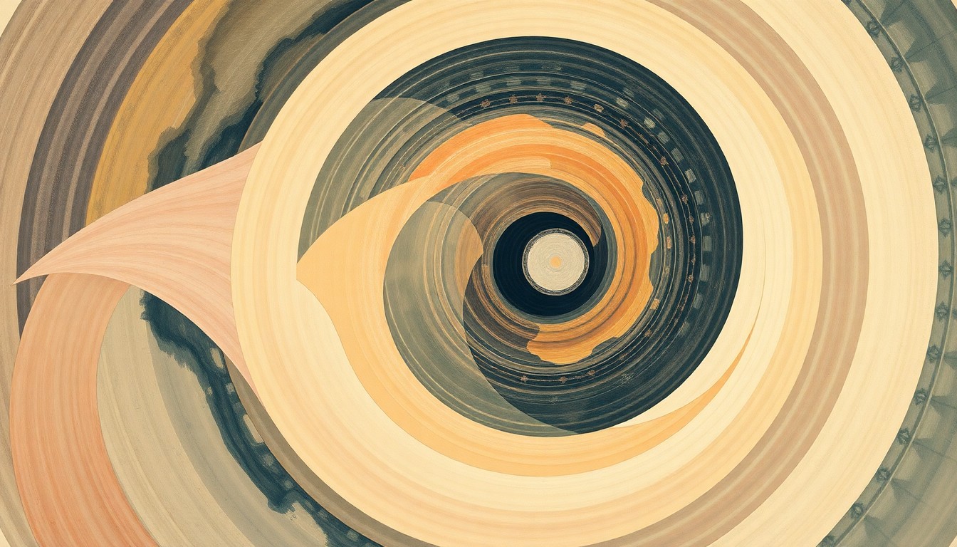 A highly structured abstract painting in soft, earthy tones depicting sweeping geometric shapes, concentric circles, and precise anatomical spirals, representing the complex biological adaptations that allow humans to survive and excel in diverse climates and conditions.