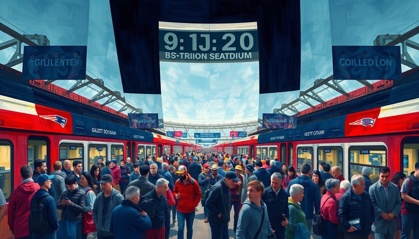 A cubist, geometric painting depicting a crowded train platform with commuters, trains, and World Cup banners, conveying the high demand and logistical challenges of transporting fans to the global soccer tournament.