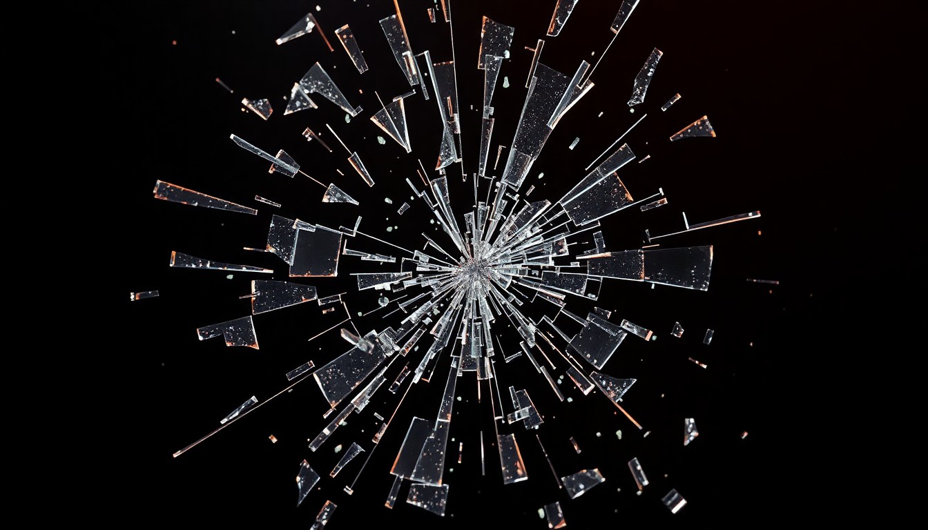 An abstract close-up image of shattered glass reflecting dramatic studio lighting, conveying the emotional intensity and drama of a reality TV rivalry.