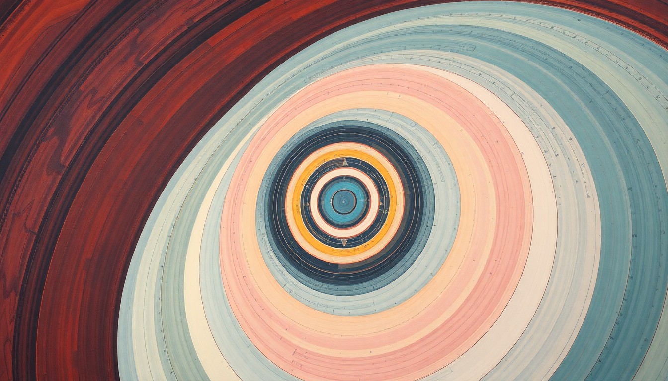 A highly structured abstract painting in soft, muted tones, featuring sweeping geometric arcs, concentric circles, and precise botanical spirals, conceptually representing the complex economic forces and concepts behind the space industry.