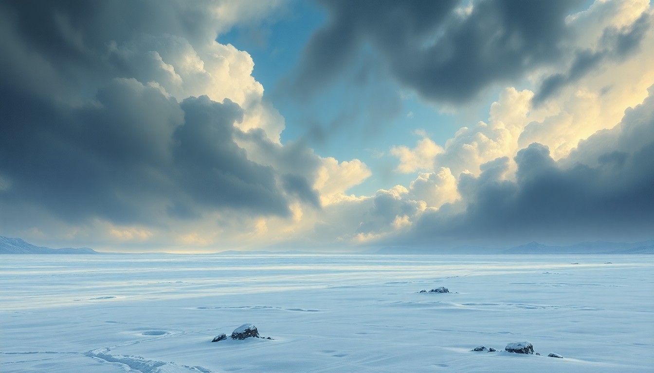 A sweeping, atmospheric landscape painting in muted tones of blue, gray, and white, depicting a vast, frozen expanse under a turbulent, cloud-filled sky, conveying the overwhelming power and scale of extreme winter weather conditions.
