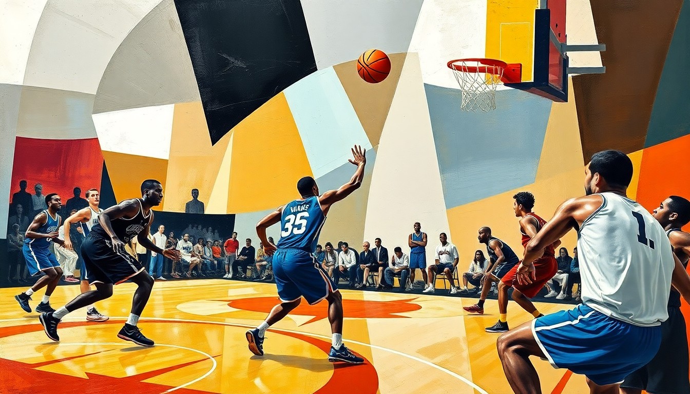 A cubist, geometric painting depicting a basketball game in motion, with the players and court fragmented into abstract shapes and planes of color, capturing the dynamic energy and complexity of the game.