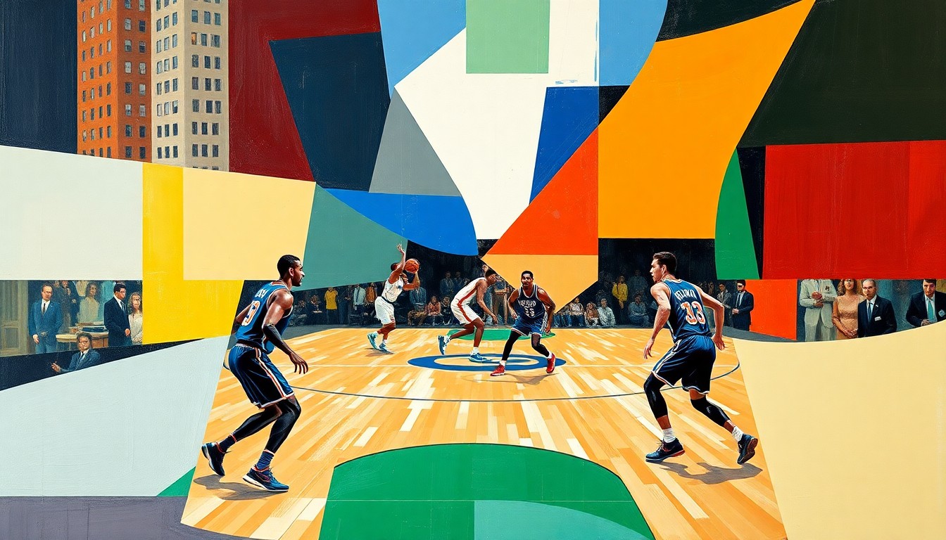 A cubist, geometric painting depicting the action of a basketball game between the New York Knicks and Boston Celtics, with the players and court rendered in abstract, overlapping shapes and planes of color.