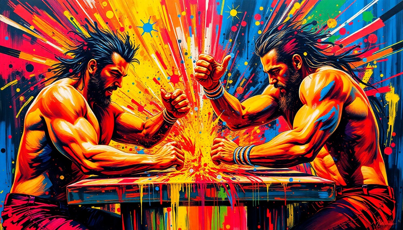 An abstract expressionist painting in vibrant neon colors, with rapid brushstrokes capturing the violent collision and chaotic energy of a tag team wrestling match, the figures of the wrestlers dissolving into unrecognizable splatters of paint.