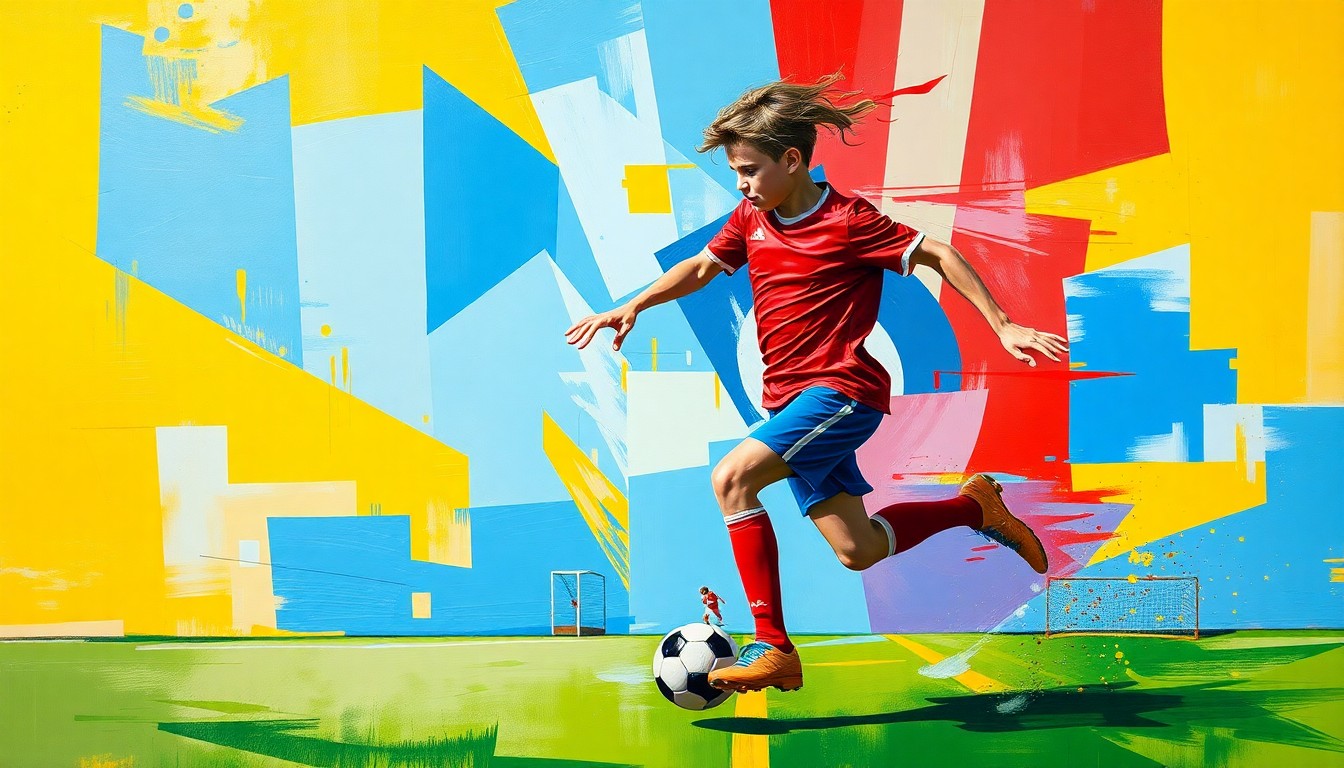 A cubist, geometric painting depicting the dynamic movements and energy of a young soccer player on the field, with sharp, overlapping planes of vibrant colors like azure blue, crimson red, and golden yellow.