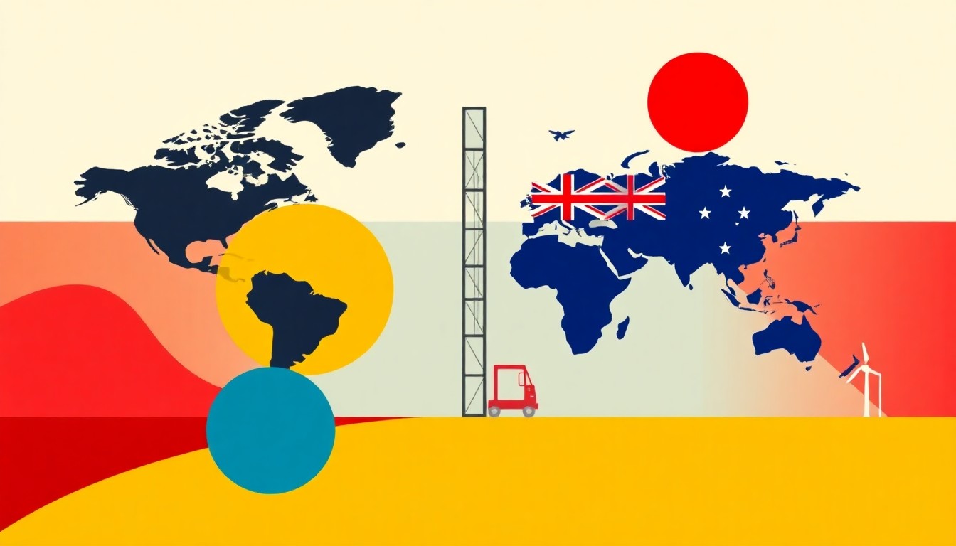 A vibrant abstract illustration featuring overlapping triangles and circles in shades of blue, yellow, and red, conveying the complex, interconnected nature of Australia's fuel crisis amidst global economic and geopolitical forces.