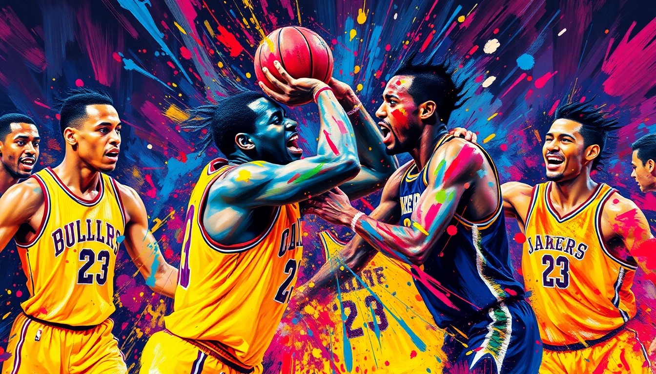 A vibrant, energetic painting with bold brushstrokes and neon colors depicting the chaotic movement and emotion of a basketball altercation, with players' forms dissolving into abstract shapes and splashes of paint.