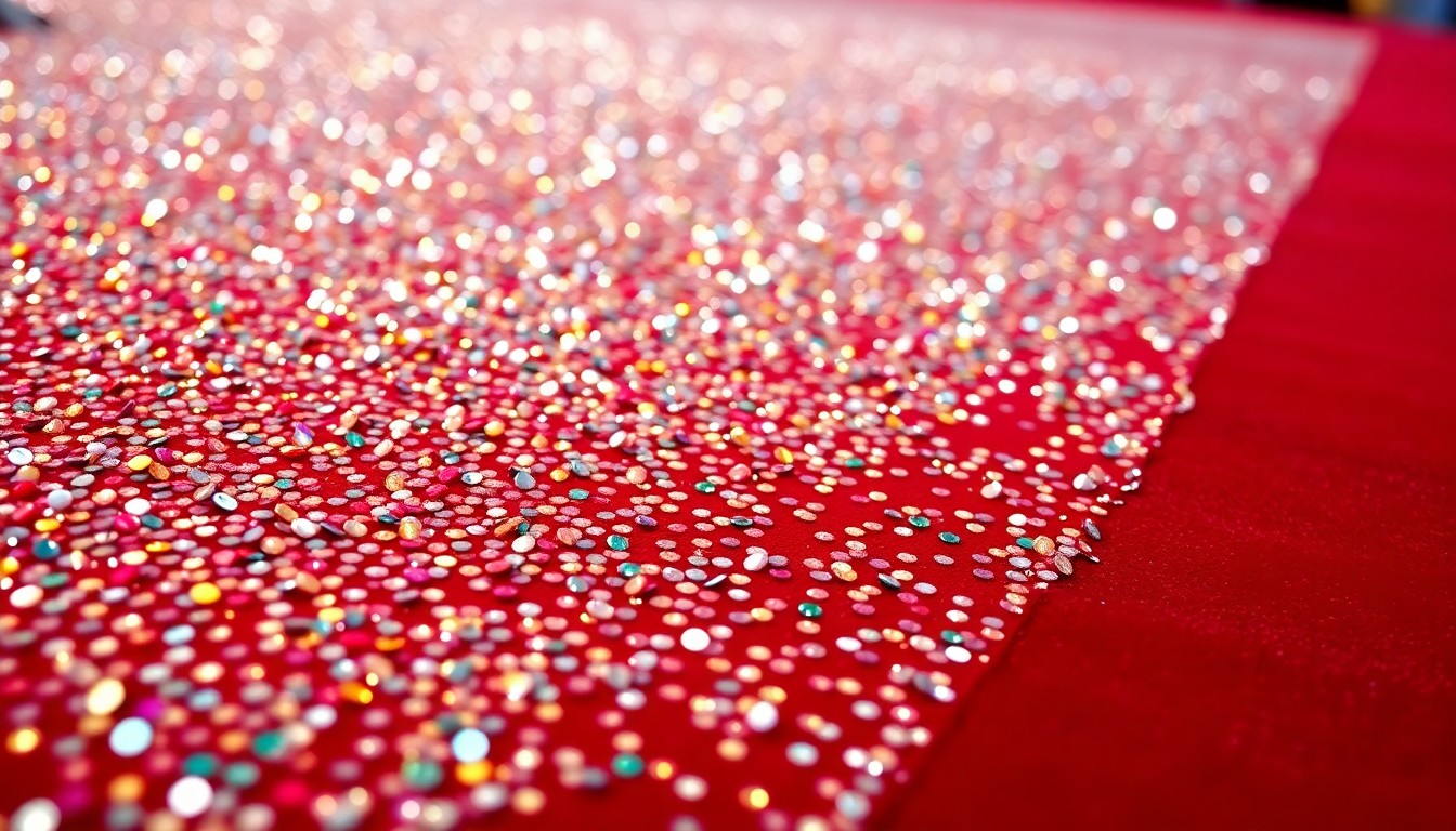 An extreme close-up image of glittering sequins on a red carpet, using dramatic studio lighting to create a high-contrast, glamorous aesthetic that evokes the mood of a celebrity event.