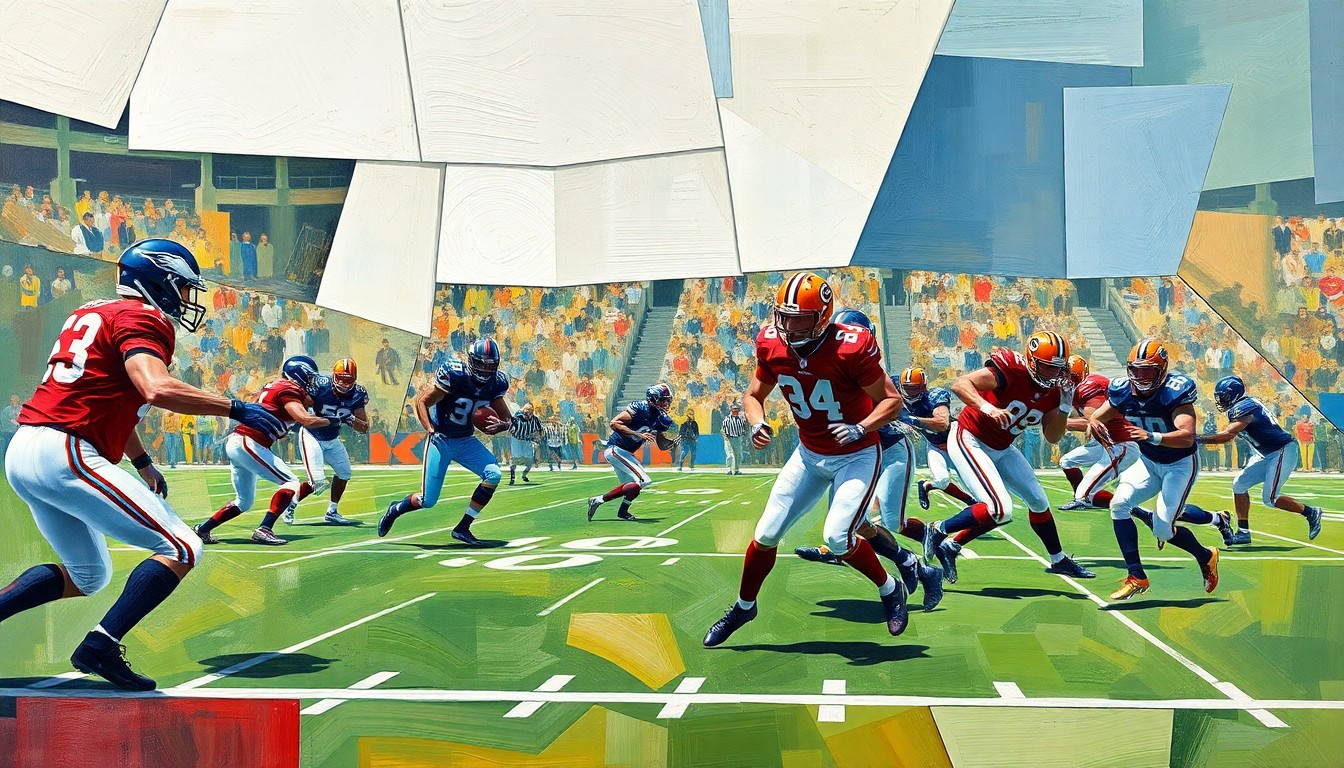 A cubist, geometric painting depicting the energy and movement of a football practice or game, with players' bodies and the field itself broken down into sharp, overlapping planes of color and shape.