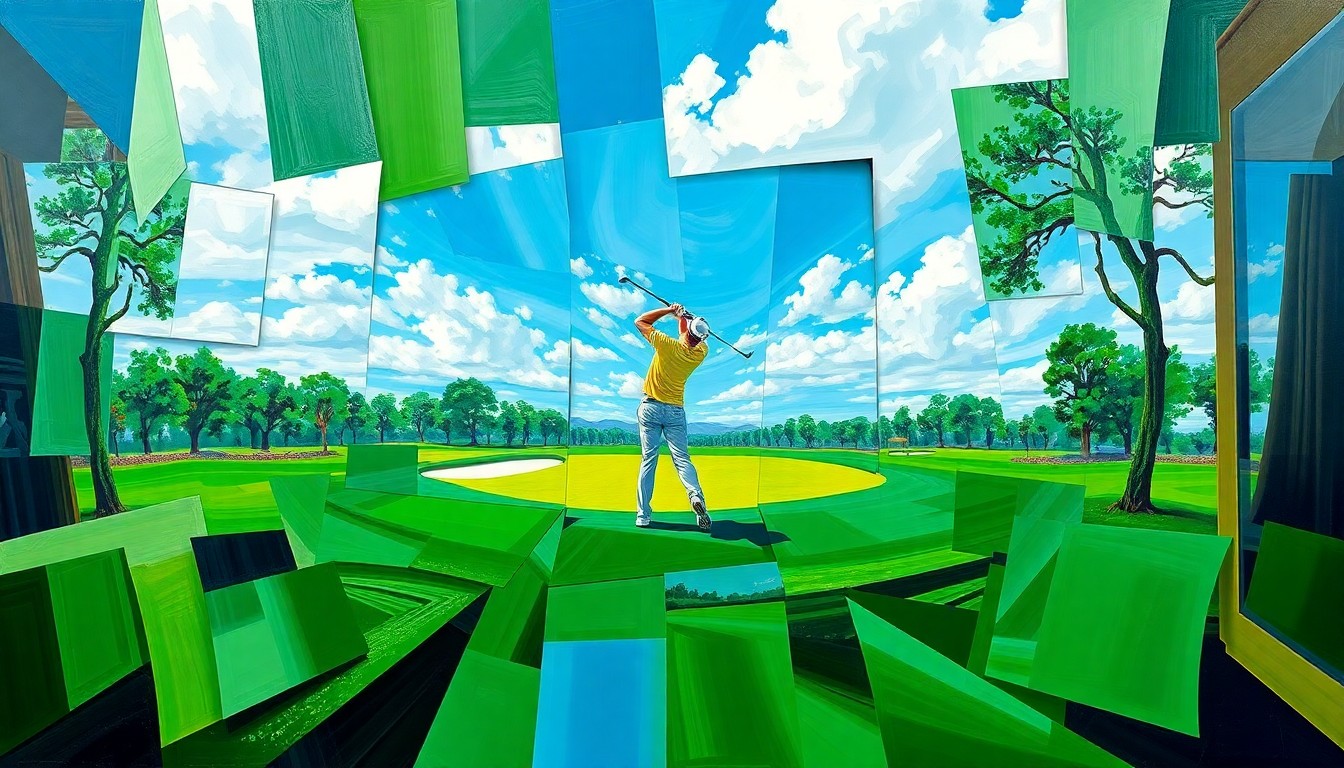 A fractured, multi-perspective painting in vibrant shades of green, white, and blue, depicting the key moments of Rory McIlroy's winning shots at the 2025 Masters in a cubist, geometric style.