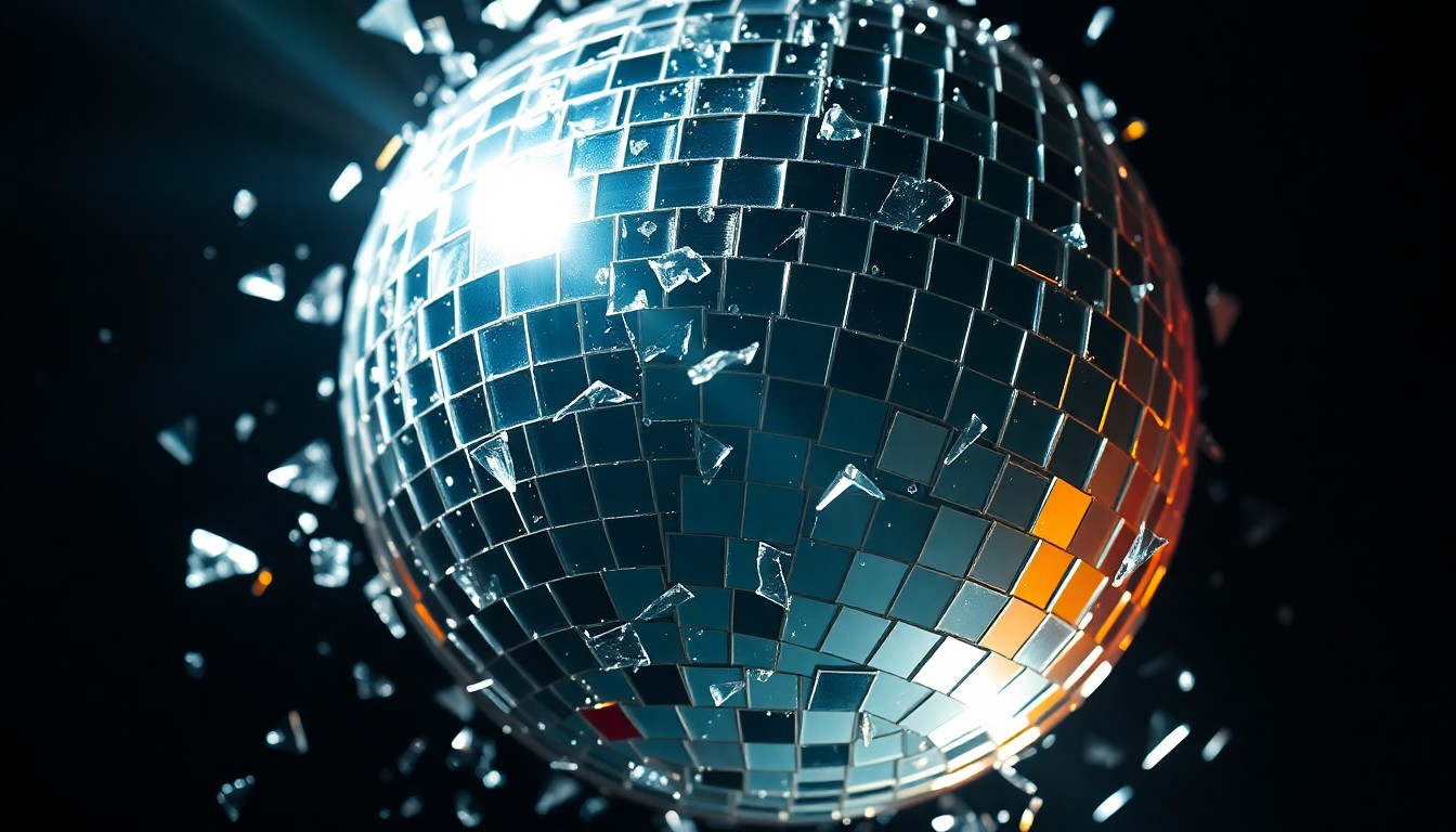 An extreme close-up of shattered, glittering glass fragments in a high-contrast, dramatic studio lighting setup, conceptually representing the complex and volatile nature of reality TV relationships.