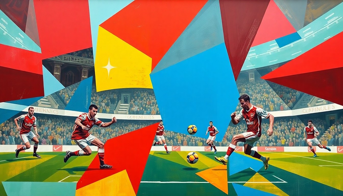 A fragmented, cubist-style painting depicting the movements and actions of a soccer match, with the players and ball represented through angular, geometric shapes in a vibrant color palette.