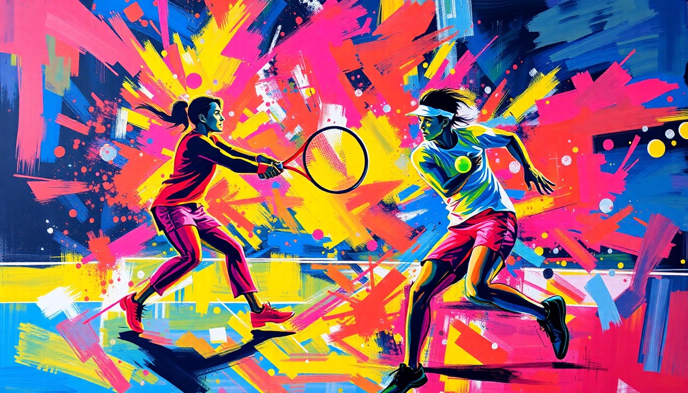 An abstract, neon-colored expressionist painting capturing the intense energy and movement of a tennis match, with the figures of Badosa and Sakkari dissolving into vibrant, gestural brushstrokes.