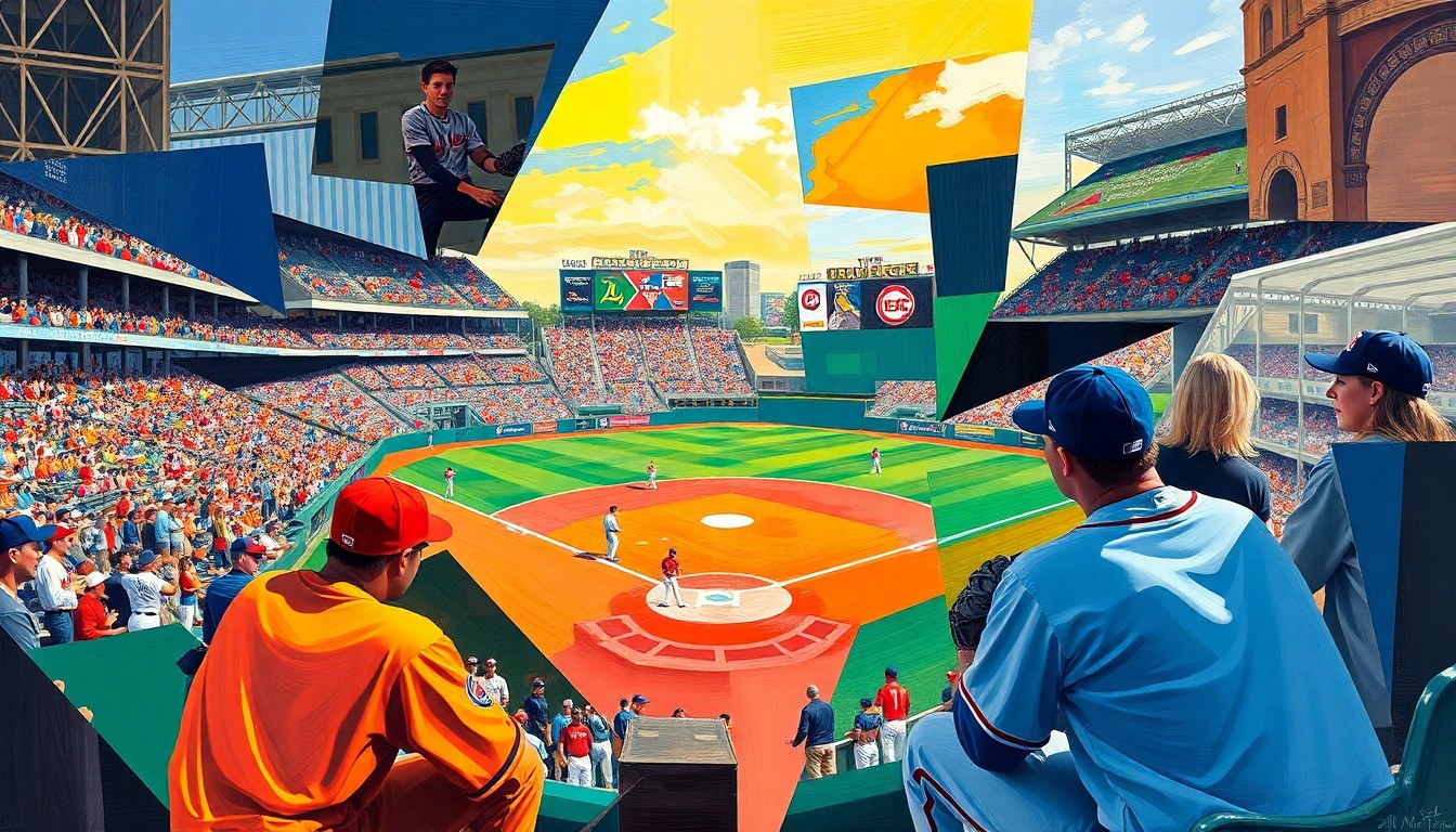 A fragmented, geometric painting depicting the dynamic action of a college baseball game, with sharp planes of color representing the players, field, and stadium environment.