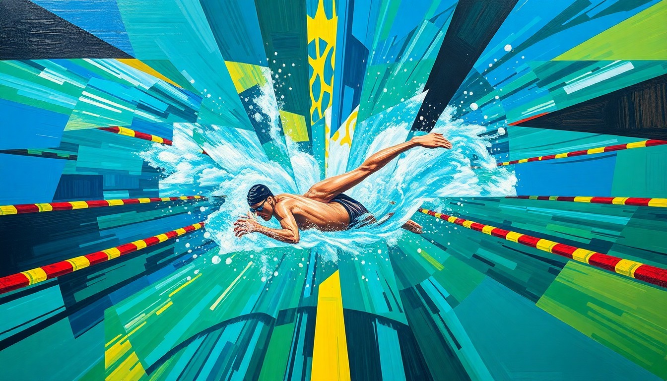 A cubist, geometric painting depicting a swimmer in motion, with their body and movements fractured into sharp, overlapping planes of color, conveying the complexity and dynamism of the sport.