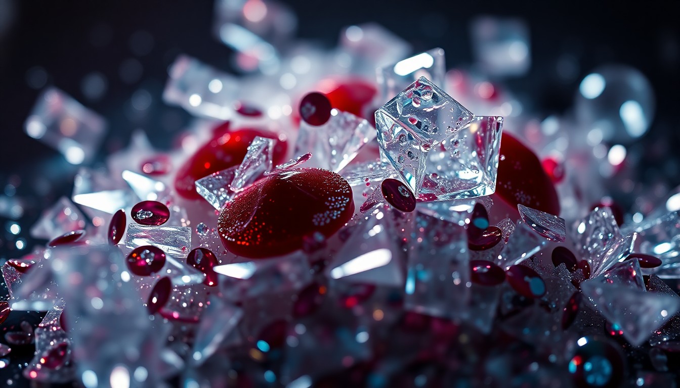 An extreme close-up photograph of shattered glass and glittering sequins, creating a visually striking and conceptually evocative image related to the dark comedy film 'Forbidden Fruits'.